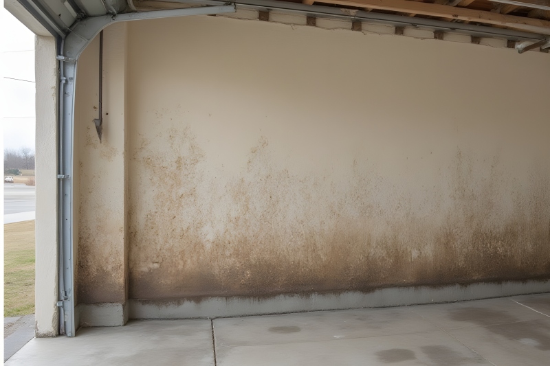 moldy-garage-wall Garage with moldy sheetrock wall and open garage door