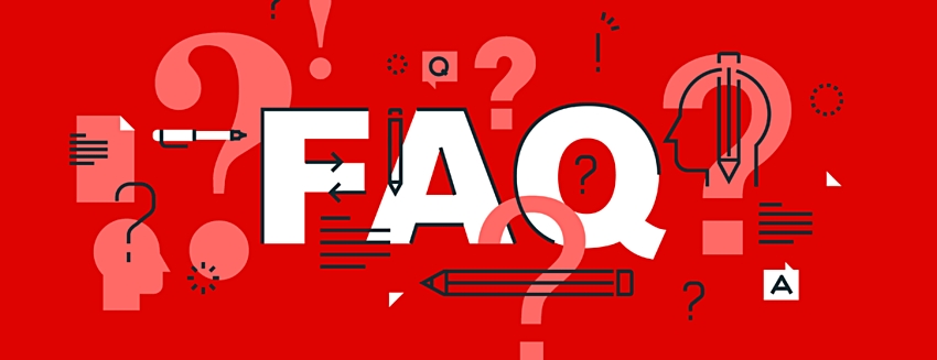"FAQ" surrounded by sketches of question marks, pencils and speech bubbles