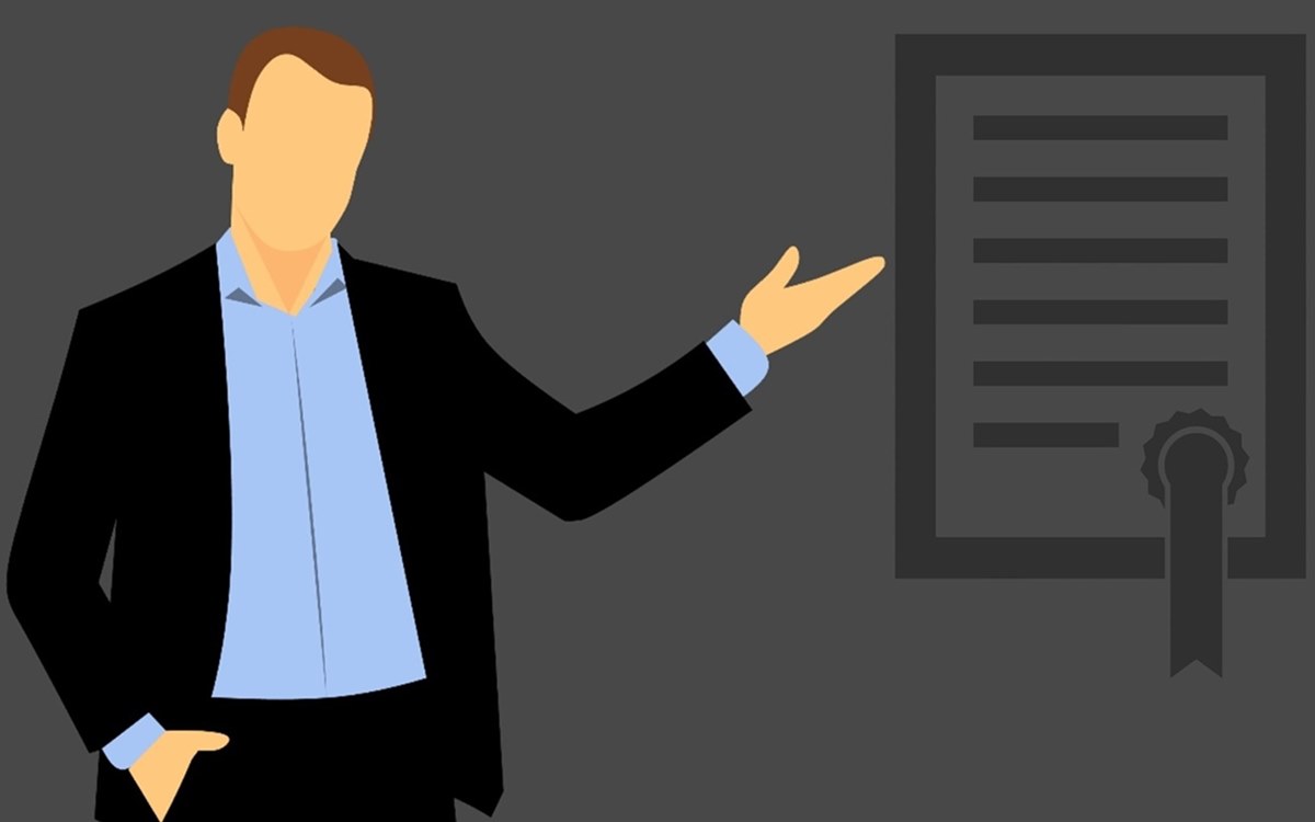 Animated man in suit gesturing to certification form