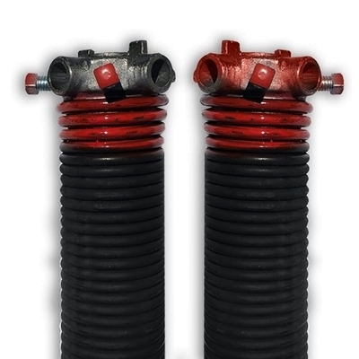 Two black and red coiled garage door torsion springs