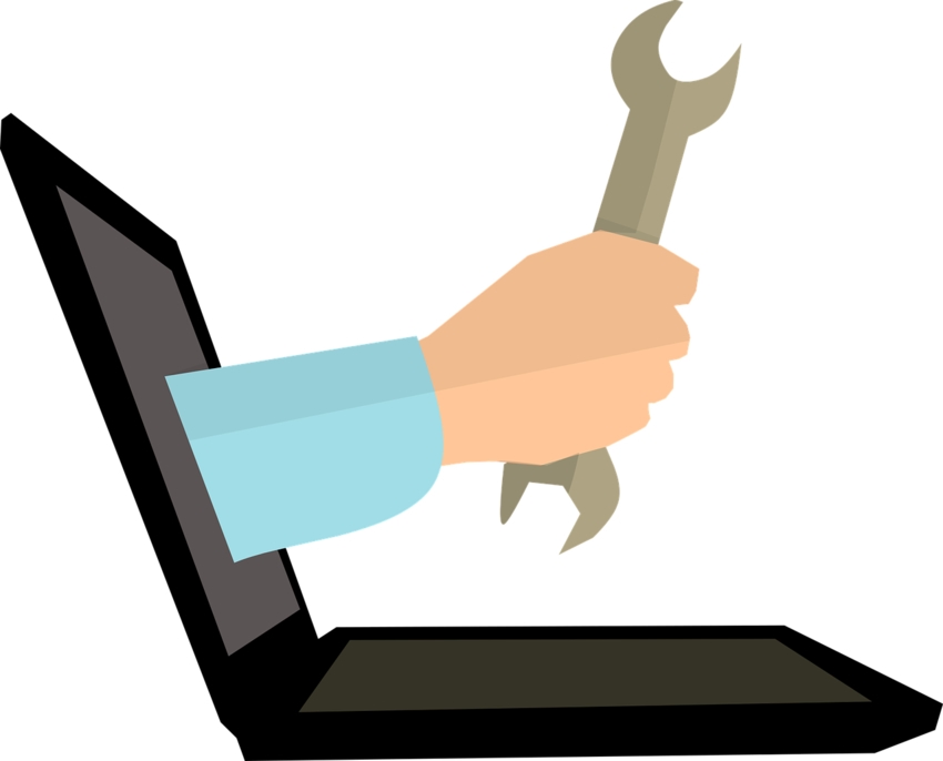 Animated Hand of Garage Door Technician Reaching Through Laptop Screen with Wrench